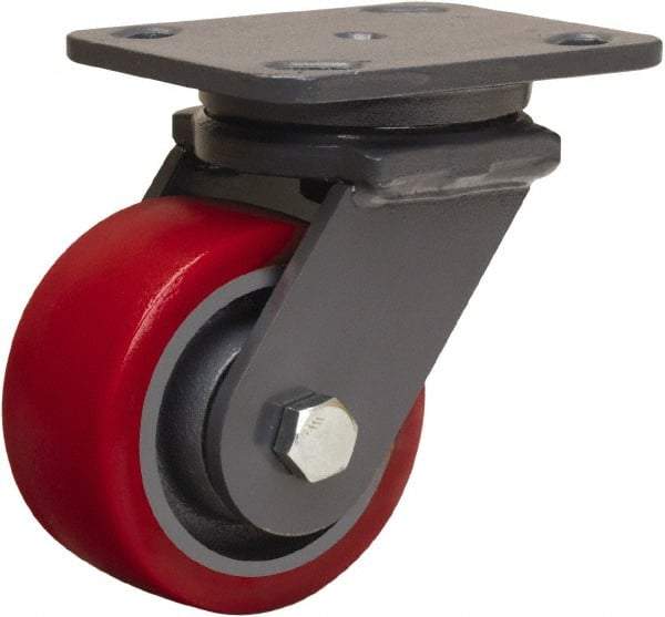 Hamilton - 4" Diam x 2" Wide x 5-5/8" OAH Top Plate Mount Swivel Caster - Polyurethane Mold onto Cast Iron Center, 900 Lb Capacity, Sealed Precision Ball Bearing, 4 x 5" Plate - USA Tool & Supply