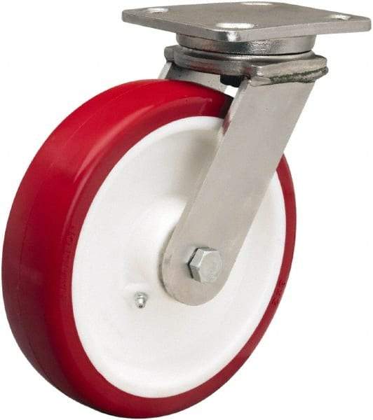Hamilton - 8" Diam x 2" Wide x 9-1/2" OAH Top Plate Mount Swivel Caster - Polyurethane Mold on Polypropylene, 1,000 Lb Capacity, Delrin Bearing, 4 x 5" Plate - USA Tool & Supply