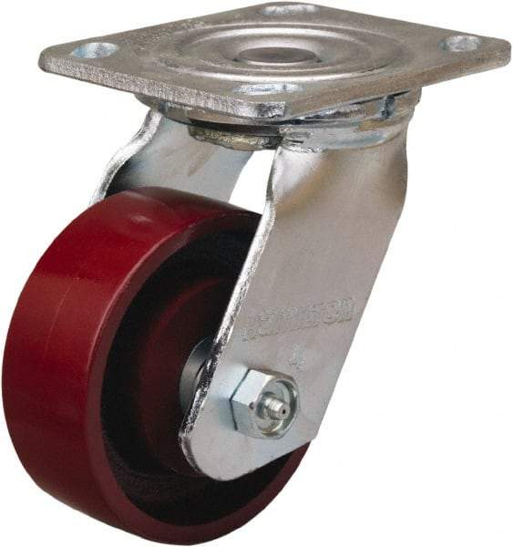 Hamilton - 4" Diam x 1-1/2" Wide x 5-5/8" OAH Top Plate Mount Swivel Caster - Cast Iron, 550 Lb Capacity, Straight Roller Bearing, 4 x 4-1/2" Plate - USA Tool & Supply