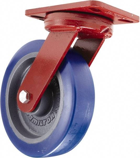 Hamilton - 8" Diam x 2" Wide x 9-3/4" OAH Top Plate Mount Swivel Caster - Polyurethane, 1,650 Lb Capacity, Sealed Precision Ball Bearing, 4-1/2 x 6-1/2" Plate - USA Tool & Supply