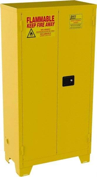 Jamco - 2 Door, 3 Shelf, Yellow Steel Double Wall Safety Cabinet for Flammable and Combustible Liquids - 70" High x 18" Wide x 34" Deep, Manual Closing Door, 3 Point Key Lock, 44 Gal Capacity - USA Tool & Supply