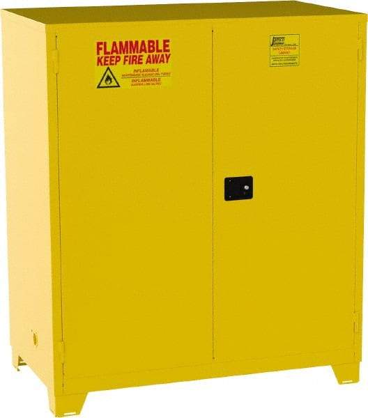 Jamco - 2 Door, 2 Shelf, Yellow Steel Double Wall Safety Cabinet for Flammable and Combustible Liquids - 70" High x 34" Wide x 59" Deep, Manual Closing Door, 3 Point Key Lock, 120 Gal Capacity - USA Tool & Supply