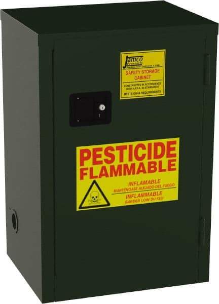 Jamco - 1 Door, 1 Shelf, Green Steel Double Wall Safety Cabinet for Flammable and Combustible Liquids - 35" High x 18" Wide x 23" Deep, Manual Closing Door, 3 Point Key Lock, 12 Gal Capacity - USA Tool & Supply