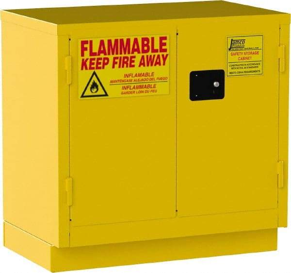 Jamco - 2 Door, 1 Shelf, Yellow Steel Double Wall Safety Cabinet for Flammable and Combustible Liquids - 35" High x 22" Wide x 36" Deep, Manual Closing Door, 3 Point Key Lock, 22 Gal Capacity - USA Tool & Supply