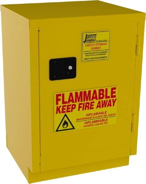 Jamco - 1 Door, 1 Shelf, Yellow Steel Double Wall Safety Cabinet for Flammable and Combustible Liquids - 35" High x 22" Wide x 24" Deep, Manual Closing Door, 3 Point Key Lock, 12 Gal Capacity - USA Tool & Supply