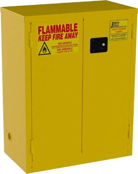 Jamco - 2 Door, 2 Shelf, Yellow Steel Double Wall Safety Cabinet for Flammable and Combustible Liquids - 44" High x 18" Wide x 34" Deep, Self Closing Door, 3 Point Key Lock, 28 Gal Capacity - USA Tool & Supply