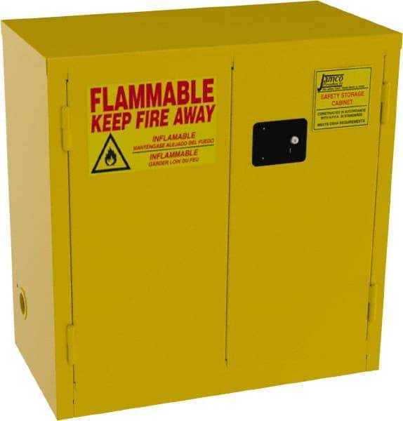 Jamco - 2 Door, 1 Shelf, Yellow Steel Double Wall Safety Cabinet for Flammable and Combustible Liquids - 35" High x 18" Wide x 34" Deep, Self Closing Door, 3 Point Key Lock, 22 Gal Capacity - USA Tool & Supply