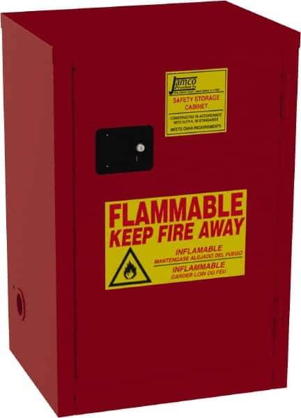 Jamco - 1 Door, 2 Shelf, Red Steel Double Wall Safety Cabinet for Flammable and Combustible Liquids - 35" High x 18" Wide x 23" Deep, Manual Closing Door, 3 Point Key Lock, 18 Gal Capacity - USA Tool & Supply