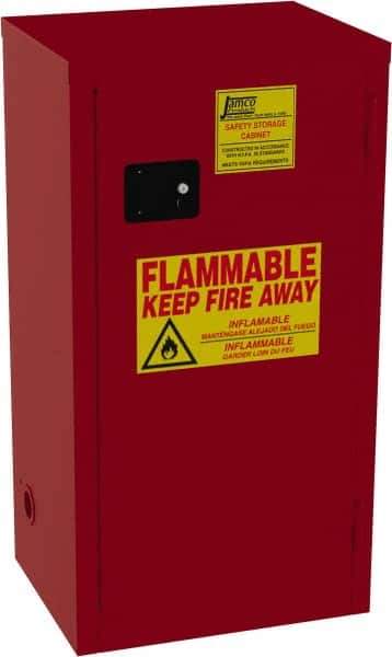 Jamco - 1 Door, 3 Shelf, Red Steel Double Wall Safety Cabinet for Flammable and Combustible Liquids - 35" High x 18" Wide x 23" Deep, Self Closing Door, 3 Point Key Lock, 24 Gal Capacity - USA Tool & Supply