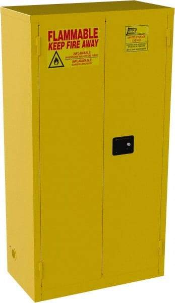 Jamco - 2 Door, 3 Shelf, Yellow Steel Double Wall Safety Cabinet for Flammable and Combustible Liquids - 65" High x 18" Wide x 34" Deep, Manual Closing Door, 3 Point Key Lock, 44 Gal Capacity - USA Tool & Supply