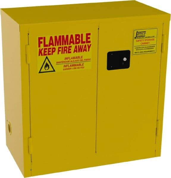 Jamco - 2 Door, 1 Shelf, Yellow Steel Double Wall Safety Cabinet for Flammable and Combustible Liquids - 35" High x 34" Wide x 18" Deep, Manual Closing Door, 3 Point Key Lock, 22 Gal Capacity - USA Tool & Supply