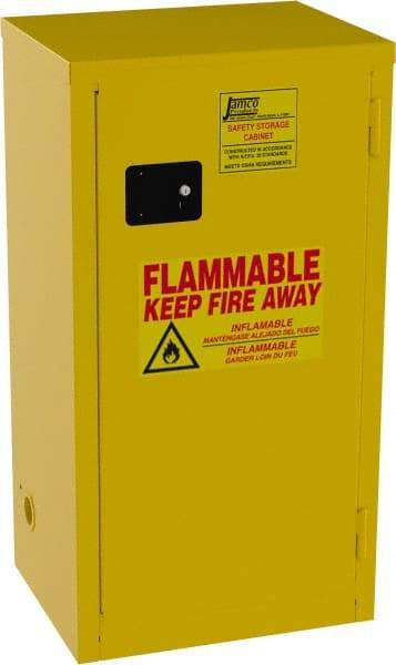 Jamco - 1 Door, 2 Shelf, Yellow Steel Double Wall Safety Cabinet for Flammable and Combustible Liquids - 44" High x 23" Wide x 18" Deep, Self Closing Door, 3 Point Key Lock, 18 Gal Capacity - USA Tool & Supply