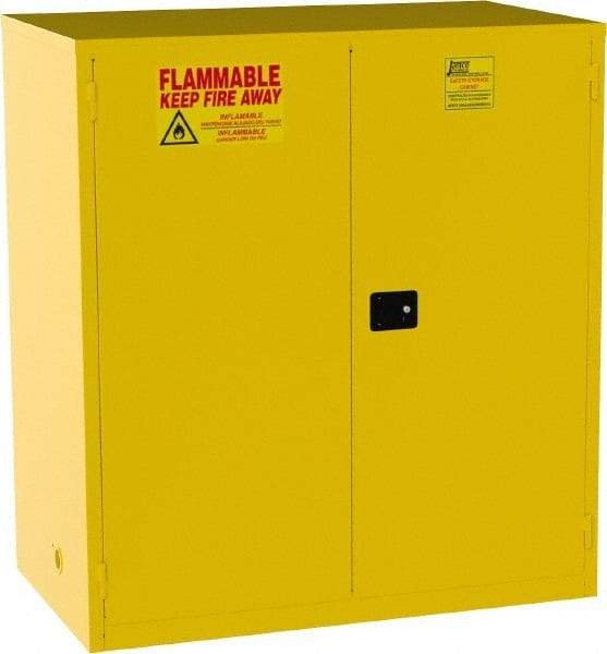 Jamco - 2 Door, 2 Shelf, Yellow Steel Double Wall Safety Cabinet for Flammable and Combustible Liquids - 65" High x 34" Wide x 59" Deep, Manual Closing Door, 3 Point Key Lock, 120 Gal Capacity - USA Tool & Supply