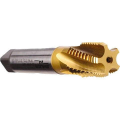Emuge - 3/4-14 NPT, 5 Flutes, TiN Coated, Cobalt, Interrupted Thread Pipe Tap - 3-1/4 Inch Overall Length, 29/32 Inch Shank Diameter, 1.38 Inch Thread Length, 0.67 Inch Square Size, Modified Bottoming Chamfer, Series KEG - USA Tool & Supply