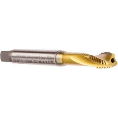 Emuge - #10-24 UNC 3 Flute 2BX Modified Bottoming Spiral Flute Tap - Cobalt, TiN Finish, 2.756" OAL, Right Hand Flute, Right Hand Thread, Series Rekord D - Exact Industrial Supply