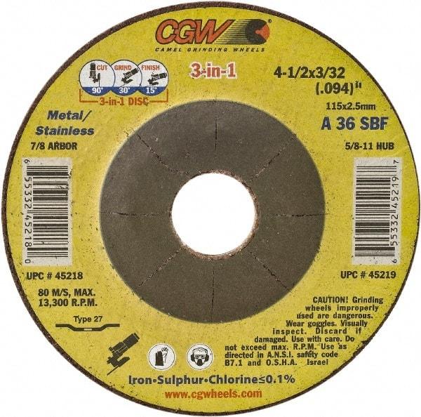 Camel Grinding Wheels - 36 Grit, 6" Wheel Diam, 3/32" Wheel Thickness, Type 27 Depressed Center Wheel - Medium Grade, Aluminum Oxide, Resinoid Bond, 10,200 Max RPM - USA Tool & Supply