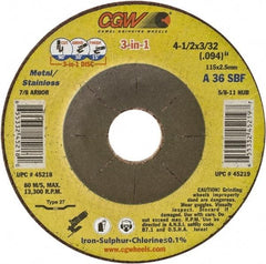 Camel Grinding Wheels - 36 Grit, 7" Wheel Diam, 3/32" Wheel Thickness, 7/8" Arbor Hole, Type 27 Depressed Center Wheel - Medium Grade, Aluminum Oxide, Resinoid Bond, 8,600 Max RPM - USA Tool & Supply