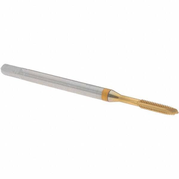 Guhring - M2x0.40 Metric Fine, TiN Finish, Powdered Metal Spiral Point Tap - Plug Chamfer, Right Hand Thread, 45mm OAL, 8mm Thread Length, 2.8mm Shank Diam, 6H Class of Fit, Series 5736 - Exact Industrial Supply