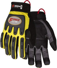 MCR Safety - Size XL Work Gloves - Adjustable Closure Cuff, Yellow Hi-Vis, Gray Leather, Red Logo, Hi-Vis Yellow Fabric, Paired - USA Tool & Supply