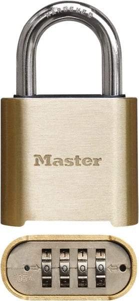 Master Lock - 2" Body Width x 3" Body Height, 1" Shackle Clearance, Brass Finish Combination Lock - 5/16" Shackle Diam, 1" Shackle Width, Set Your Own 4 Digit Combination - USA Tool & Supply