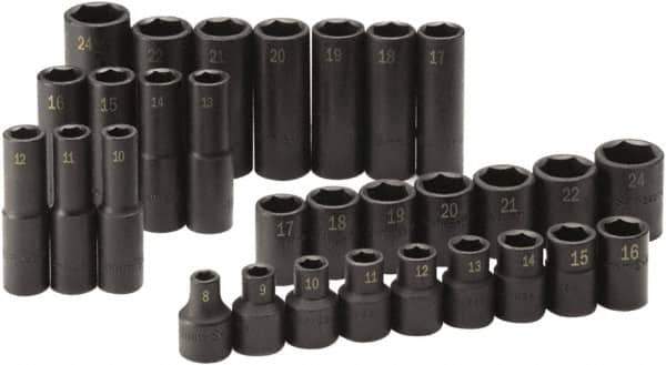 SK - 30 Piece 1/2" Drive Standard Deep Impact Socket Set - 6 Points, 8 to 24mm, Metric Measurement Standard - USA Tool & Supply