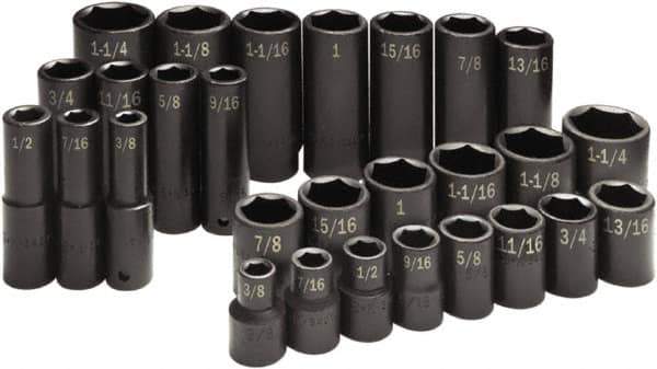SK - 28 Piece 1/2" Drive Standard Deep Impact Socket Set - 6 Points, 3/8 to 1-1/4", Inch Measurement Standard - USA Tool & Supply