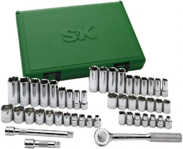 SK - 49 Piece 3/8" Drive Standard Deep Socket Set - 6 Points, 1/4 to 7/8", 6 to 19mm, Inch/Metric Measurement Standard - USA Tool & Supply