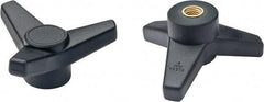 Elesa - 4" Head Diam, 3/8-16 Hole, 1-5/8" High, Glass Fibre Reinforced Technopolymer 3 Arm Knob - 1-7/16" Hub Diam, 1.42 Head Height, Female Insert Style, 3/4 Hole Depth, Black - USA Tool & Supply
