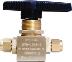 Brennan - 1/4" Pipe, Tube End Connections, Brass, Inline, Two Way Flow, Instrumentation Ball Valve - 3,000 psi WOG Rating, Nylon Handle, PTFE Seal, PFA Seat, Swaglok B-42S4 - USA Tool & Supply