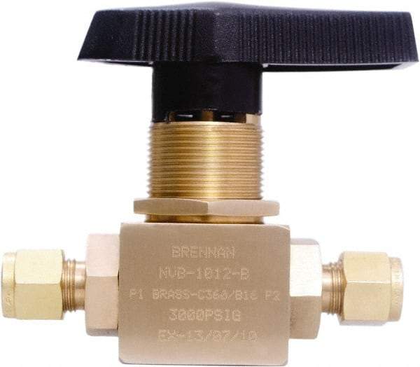 Brennan - 3/8" Pipe, Tube End Connections, Brass, Inline, Two Way Flow, Instrumentation Ball Valve - 3,000 psi WOG Rating, Nylon Handle, PTFE Seal, PFA Seat, Swaglok B-44S6 - USA Tool & Supply