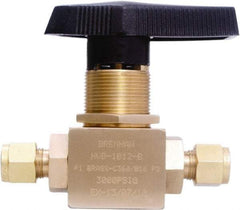 Brennan - 3/8" Pipe, Tube End Connections, Brass, Inline, Two Way Flow, Instrumentation Ball Valve - 3,000 psi WOG Rating, Nylon Handle, PTFE Seal, PFA Seat, Swaglok B-44S6 - USA Tool & Supply