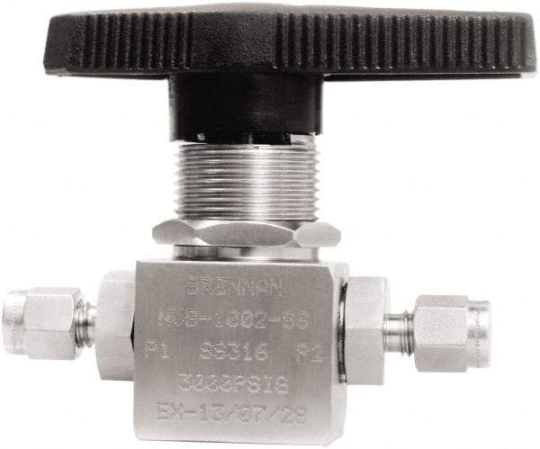 Brennan - 1/8" Pipe, Tube End Connections, Stainless Steel, Inline, Two Way Flow, Instrumentation Ball Valve - 3,000 psi WOG Rating, Nylon Handle, PTFE Seal, PFA Seat, Swaglok SS-41GS2 - USA Tool & Supply