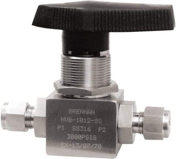 Brennan - 3/8" Pipe, Tube End Connections, Stainless Steel, Inline, Two Way Flow, Instrumentation Ball Valve - 3,000 psi WOG Rating, Nylon Handle, PTFE Seal, PFA Seat, Swaglok SS-44S6 - USA Tool & Supply