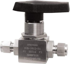 Brennan - 3/8" Pipe, Tube End Connections, Stainless Steel, Inline, Two Way Flow, Instrumentation Ball Valve - 3,000 psi WOG Rating, Nylon Handle, PTFE Seal, PFA Seat, Swaglok SS-44S6 - USA Tool & Supply