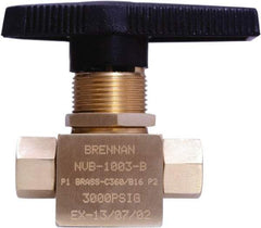 Brennan - 1/8" Pipe, NPT End Connections, Brass, Inline, Two Way Flow, Instrumentation Ball Valve - 3,000 psi WOG Rating, Nylon Handle, PTFE Seal, PFA Seat, Swaglok B-42F2 - USA Tool & Supply