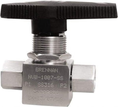 Brennan - 1/4" Pipe, NPT End Connections, Stainless Steel, Inline, Two Way Flow, Instrumentation Ball Valve - 3,000 psi WOG Rating, Nylon Handle, PTFE Seal, PFA Seat, Swaglok SS-43GEF4 - USA Tool & Supply