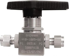 Brennan - 1/4" Pipe, Tube End Connections, Stainless Steel, Inline, Two Way Flow, Instrumentation Ball Valve - 3,000 psi WOG Rating, Nylon Handle, PTFE Seal, PFA Seat, Swaglok SS-42GS4 - USA Tool & Supply