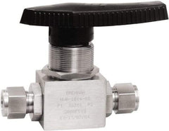 Brennan - 1/2" Pipe, Tube End Connections, Stainless Steel, Inline, Two Way Flow, Instrumentation Ball Valve - 3,000 psi WOG Rating, Nylon Handle, PTFE Seal, PFA Seat, Swaglok SS-45S8 - USA Tool & Supply