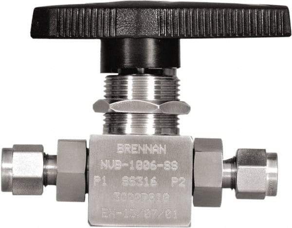 Brennan - 1/4" Pipe, Tube End Connections, Stainless Steel, Inline, Two Way Flow, Instrumentation Ball Valve - 3,000 psi WOG Rating, Nylon Handle, PTFE Seal, PFA Seat, Swaglok SS-43GS4 - USA Tool & Supply