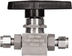 Brennan - 1/4" Pipe, Tube End Connections, Stainless Steel, Inline, Two Way Flow, Instrumentation Ball Valve - 3,000 psi WOG Rating, Nylon Handle, PTFE Seal, PFA Seat, Swaglok SS-43GS4 - USA Tool & Supply