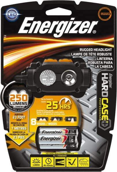 Energizer - 2 Red, Green, White LED Bulb, 160 Lumens, Hands-free Flashlight - Black, Gray Plastic Body, 3 AA Alkaline Batteries Included - USA Tool & Supply