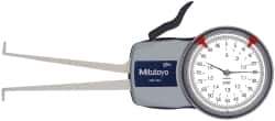 Mitutoyo - 0.8 to 1.6" Inside Dial Caliper Gage - 0.0005" Graduation, 0.0015" Accuracy, 3.3" Leg Length, 0.26" Deep x 0.06" Wide Groove, Ball Contact Points - USA Tool & Supply