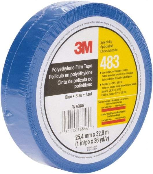 3M - 36 Yds. x 1", Blue Polyethylene Film Tape - 483 Series, 5 mil Thick, 10 Lb./Inch Tensile Strength - USA Tool & Supply