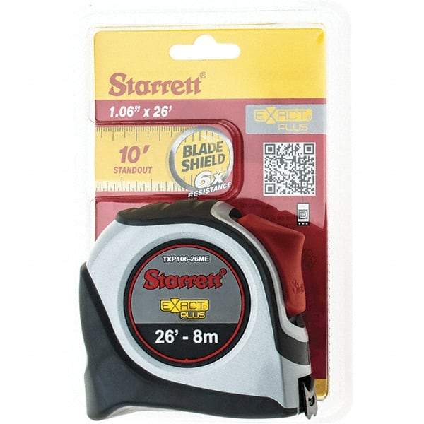 Starrett - 26' x 1-1/16" Yellow Blade Tape Measure - 1/16" & 1mm Graduation, S9 Graduation Style, Gray Case - USA Tool & Supply