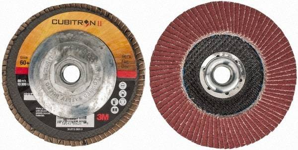 3M - 60 Grit, 4-1/2" Disc Diam, 5/8-11 Center Hole, Type 29 Ceramic Flap Disc - 13,300 Max RPM, Cloth Backing, Arbor Attaching System, Coated - USA Tool & Supply