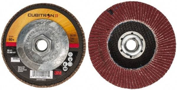 3M - 60 Grit, 4-1/2" Disc Diam, 5/8-11 Center Hole, Type 27 Ceramic Flap Disc - 13,300 Max RPM, Cloth Backing, Arbor Attaching System, Coated - USA Tool & Supply