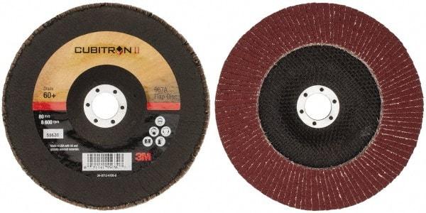 3M - 60 Grit, 7" Disc Diam, 7/8" Center Hole, Type 29 Ceramic Flap Disc - 13,300 Max RPM, Cloth Backing, Arbor Attaching System, Coated - USA Tool & Supply