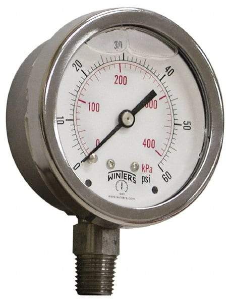 Winters - 2-1/2" Dial, 1/4 Thread, 0-200 Scale Range, Pressure Gauge - Lower Connection Mount, Accurate to 1.5% of Scale - USA Tool & Supply