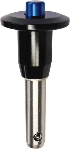 Monroe Engineering Products - 5/8" Diam, 1-1/2" Usable Length, Button Handle, Push Button Quick Release Pin - 3-3/4" OAL, Grade 4140 Steel, Zinc-Plated Finish - USA Tool & Supply