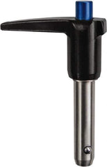Monroe Engineering Products - 5/8" Diam, 5" Usable Length, L Handle, Push Button Quick Release Pin - 7-1/2" OAL, Grade 4140 Steel, Zinc-Plated Finish - USA Tool & Supply